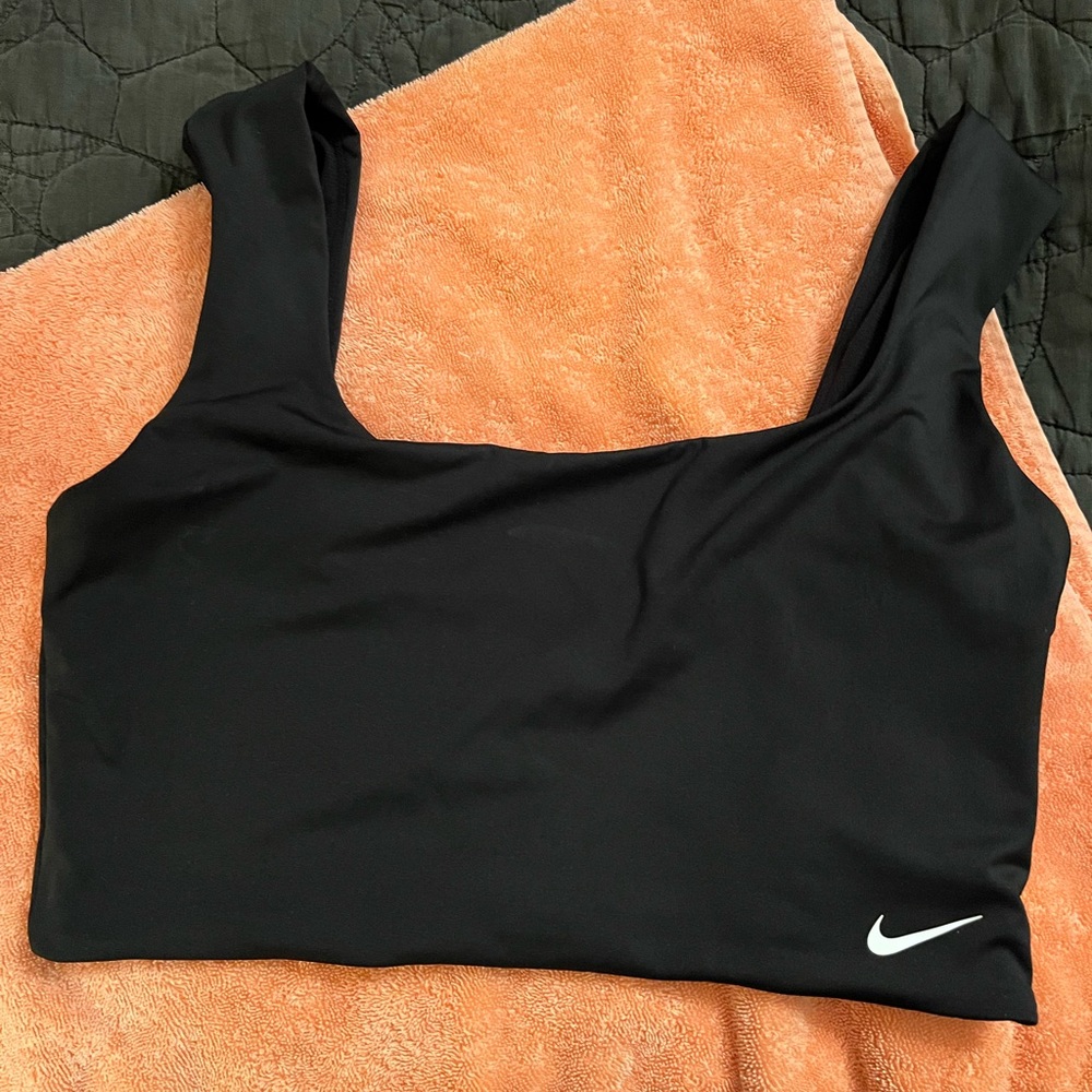 Nike swim crop top in black. Wide straps. Light support.